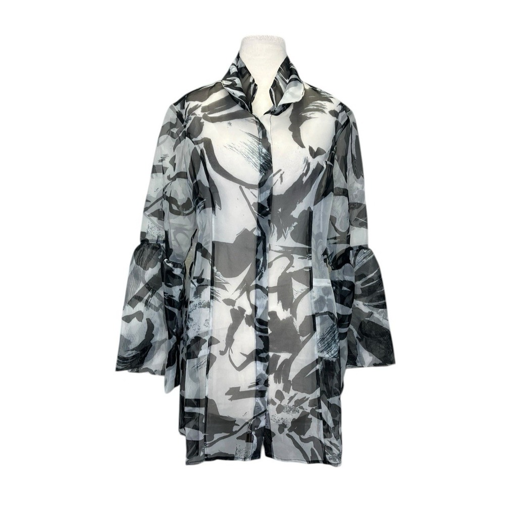 Samuel‎ Dong Organza Jacket Large Abstract Black White Sheer Collar Lagenlook
